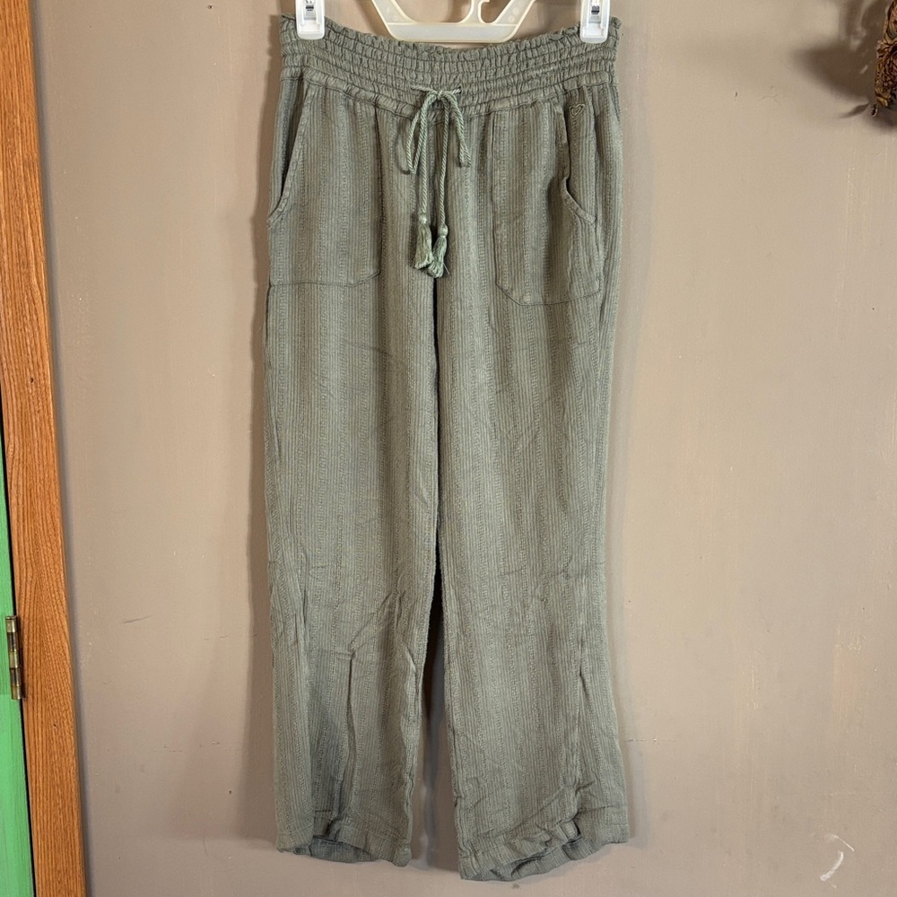 Roxy Green Soft Knit Oceanside Beach Flowy Pocketed Wide Leg Ankle Pants Size XS - Picture 2 of 10